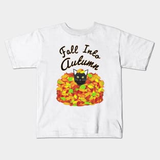 Fall Into Autumn. Kitty Cat in a Pile of Colorful Leaves. (White Background) Kids T-Shirt